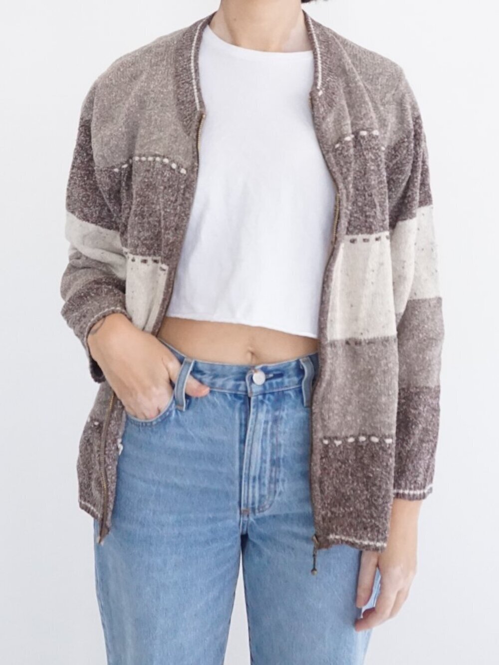Vintage Northern Reflections Brown Colorblock Knit Zip Cardigan Speckled XL